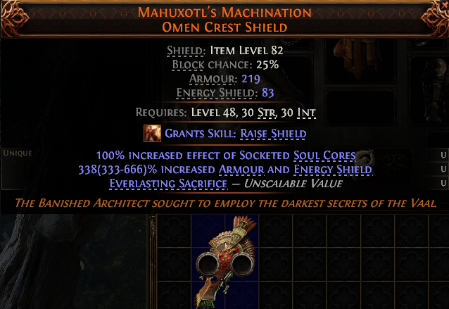MMOJUGG Path of Exile 2 MAHUXOTL'S MACHINATION OMEN CREST SHIELD#1151194 Details View of Item Function and Use