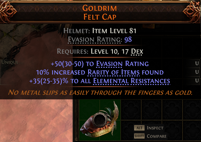 MMOJUGG Path of Exile 2 GOLDRIM FELT CAP#1151227 Details View of Item Function and Use