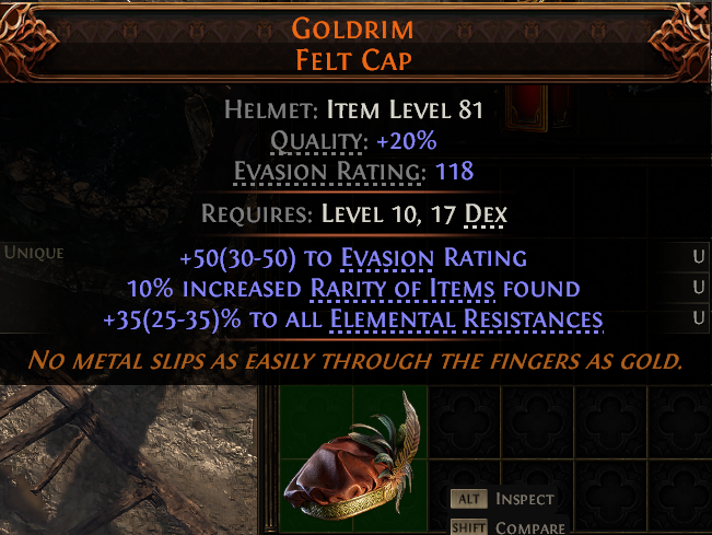 MMOJUGG Path of Exile 2 GOLDRIM FELT CAP#1151379 Details View of Item Function and Use