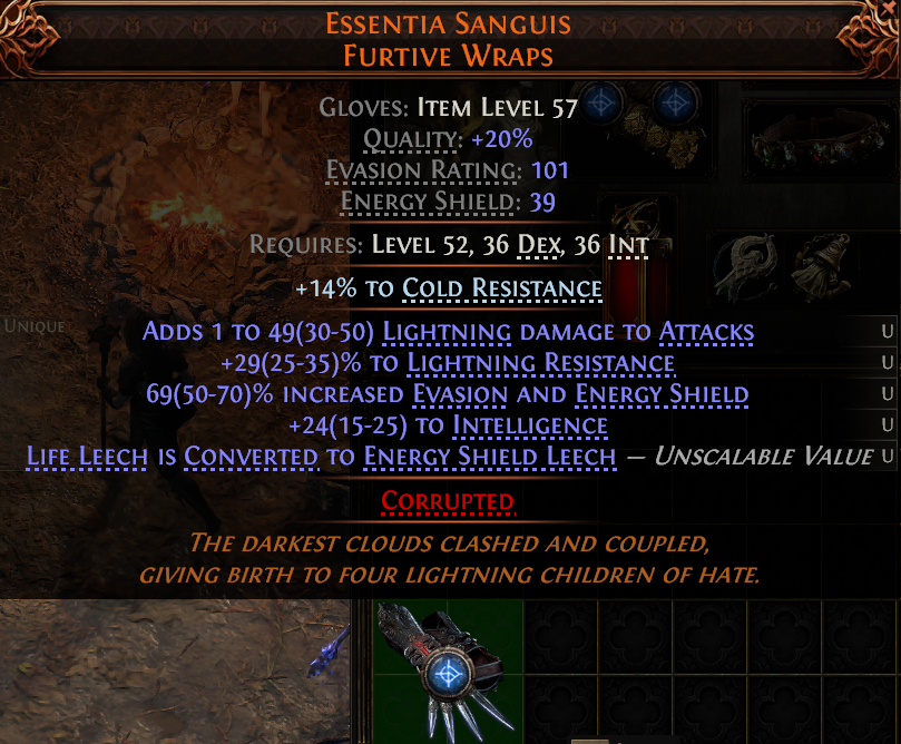 MMOJUGG Path of Exile 2 ESSENTIA SANGUIS FURTIVE WRAPS#1151383 Details View of Item Function and Use