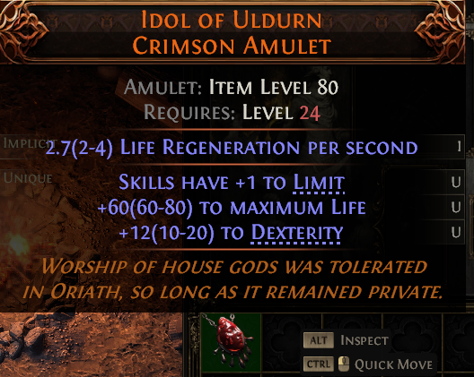 MMOJUGG Path of Exile 2 IDOL OF ULDURN CRIMSON AMULET#1151472 Details View of Item Function and Use