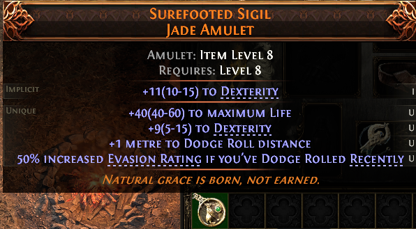 MMOJUGG Path of Exile 2 SUREFOOTED SIGIL JADE AMULET#1151876 Details View of Item Function and Use