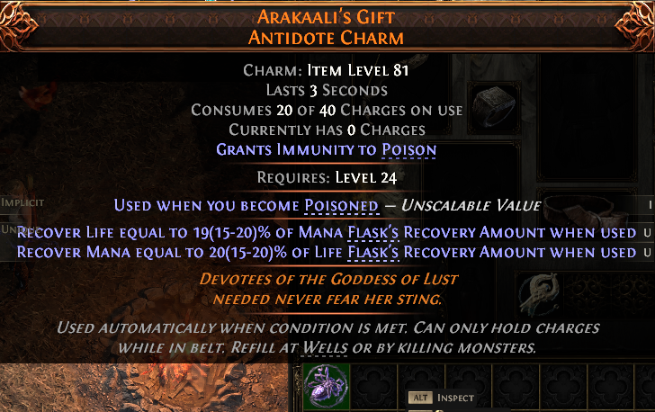 MMOJUGG Path of Exile 2 ARAKAALI'S GIFT ANTIDOTE CHARM#1151896 Details View of Item Function and Use