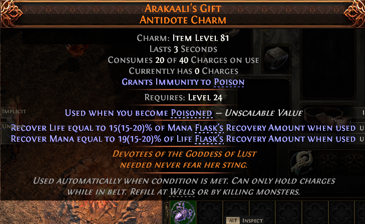 MMOJUGG Path of Exile 2 ARAKAALI'S GIFT ANTIDOTE CHARM#1151897 Details View of Item Function and Use