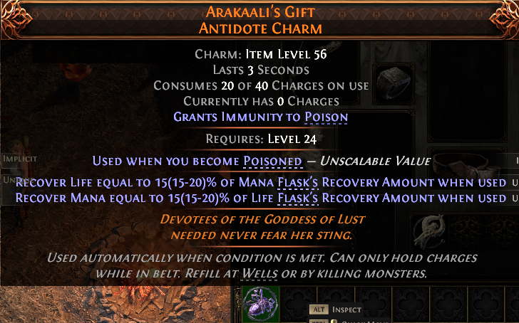 MMOJUGG Path of Exile 2 ARAKAALI'S GIFT ANTIDOTE CHARM#1151901 Details View of Item Function and Use