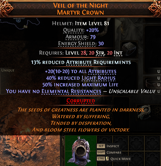 MMOJUGG Path of Exile 2 VEIL OF THE NIGHT MARTYR CROWN#1151928 Details View of Item Function and Use
