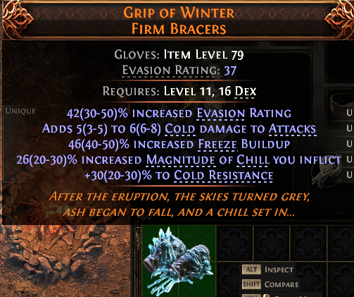 MMOJUGG Path of Exile 2 GRIP OF WINTER FIRM BRACERS#1151943 Details View of Item Function and Use