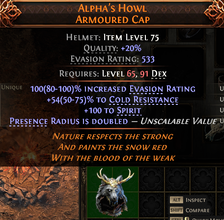 MMOJUGG Path of Exile 2 ALPHA'S HOWL ARMOURED CAP#1152003 Details View of Item Function and Use