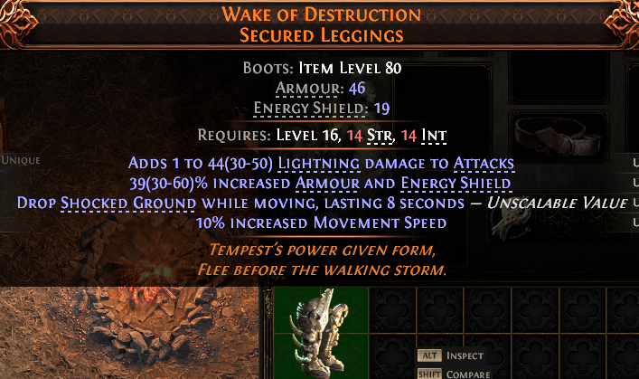 MMOJUGG Path of Exile 2 WAKE OF DESTRUCTION SECURED LEGGINGS#1152408 Details View of Item Function and Use