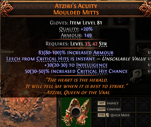 MMOJUGG Path of Exile 2 ATZIRI'S ACUITY MOULDED MITTS#1152445 Details View of Item Function and Use