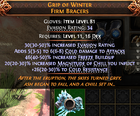 MMOJUGG Path of Exile 2 GRIP OF WINTER FIRM BRACERS#1152555 Details View of Item Function and Use