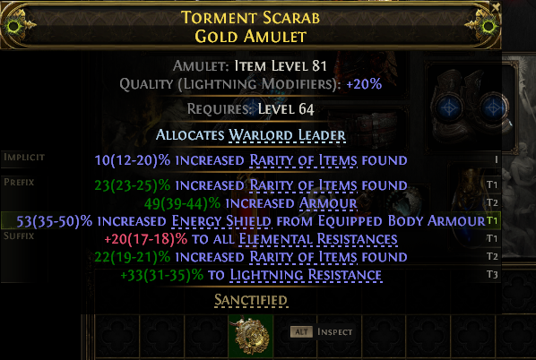 MMOJUGG Path of Exile 2 TORMENT SCARAB GOLD AMULET#1152591 Details View of Item Function and Use