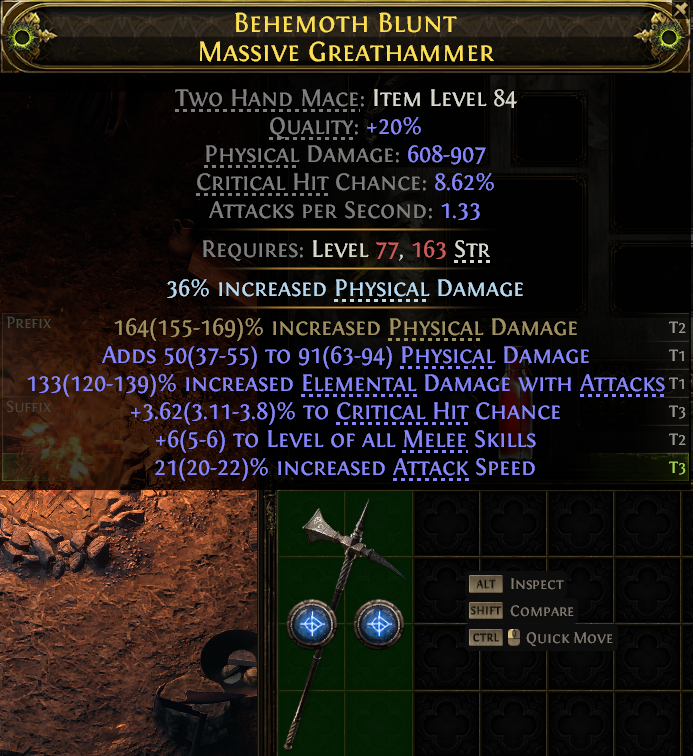 MMOJUGG Path of Exile 2 BEHEMOTH BLUNT MASSIVE GREATHAMMER#1152924 Details View of Item Function and Use