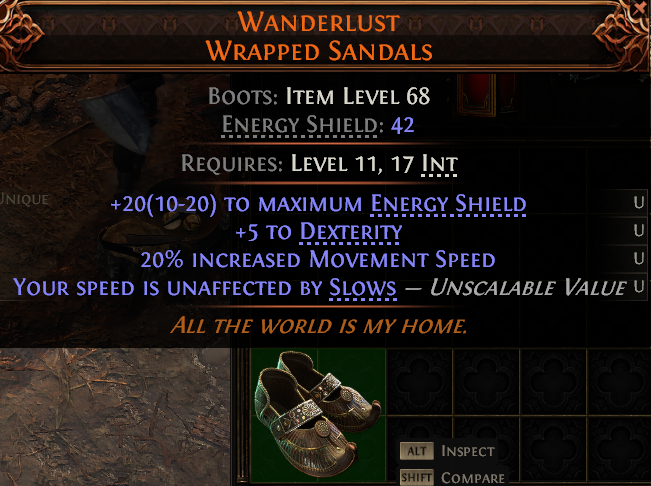 MMOJUGG Path of Exile 2 WANDERLUST WRAPPED SANDALS#1153112 Details View of Item Function and Use