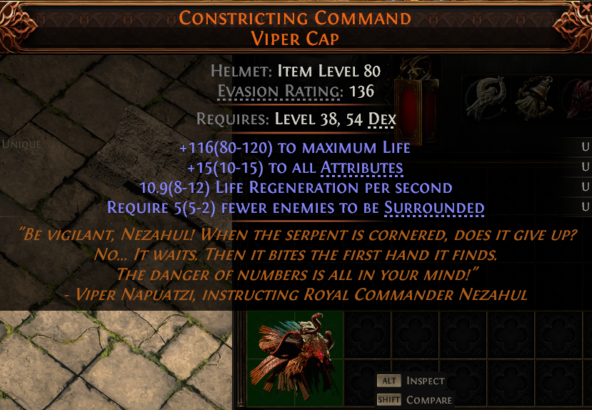 MMOJUGG Path of Exile 2 CONSTRICTING COMMAND VIPER CAP#1153160 Details View of Item Function and Use