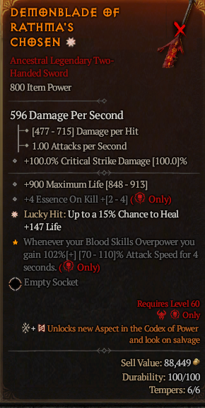 MMOJUGG Diablo 4 DEMONBLADE OF RATHMA'S CHOSEN#1156808 Details View of Item Function and Use