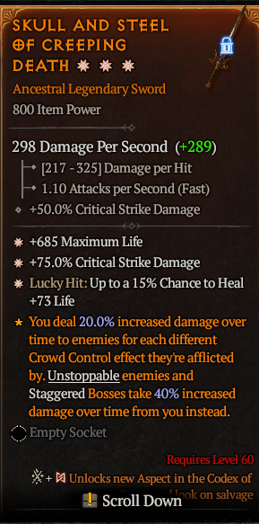 MMOJUGG Diablo 4 SKULL AND STEEL OF CREEPING DEATH#1159727 Details View of Item Function and Use