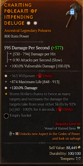 MMOJUGG Diablo 4 CHARMING 零 POLEARM OF IMPENDING DELUGE#1161297 Details View of Item Function and Use
