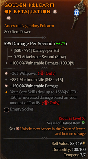 MMOJUGG Diablo 4 GOLDEN POLEARM OF RETALIATION#1161298 Details View of Item Function and Use
