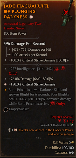 MMOJUGG Diablo 4 JADE MACUAHUITL F PLUNGING DARKNESS#1161456 Details View of Item Function and Use