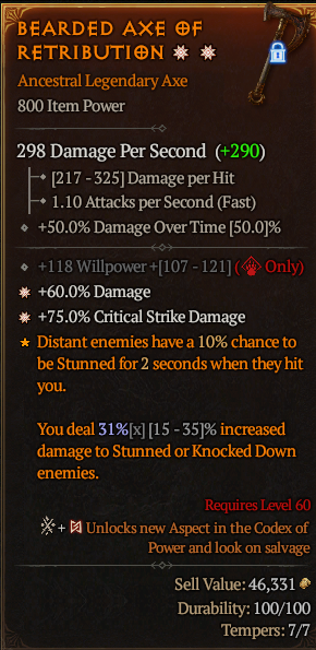 MMOJUGG Diablo 4 AV BEARDED AXE OF RETRIBUTIN#1162324 Details View of Item Function and Use