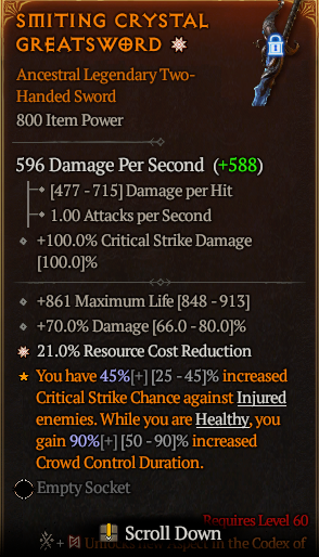 MMOJUGG Diablo 4 SMITING CRYSTAL GREATSWORD#1162424 Details View of Item Function and Use