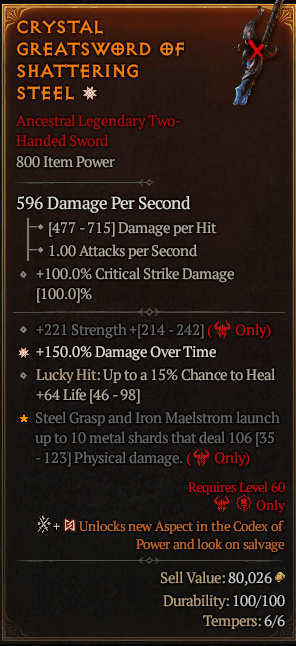 MMOJUGG Diablo 4 CRYSTAL GREATSWORD OF SHATTERING STEEL#1162727 Details View of Item Function and Use