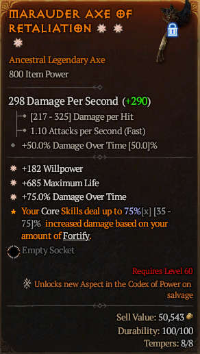 MMOJUGG Diablo 4 MARAUDER AXE OF RETALIATION#1164693 Details View of Item Function and Use