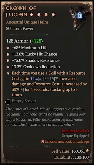 MMOJUGG Diablo 4 CROWN OF LUCION#1165663 Details View of Item Function and Use