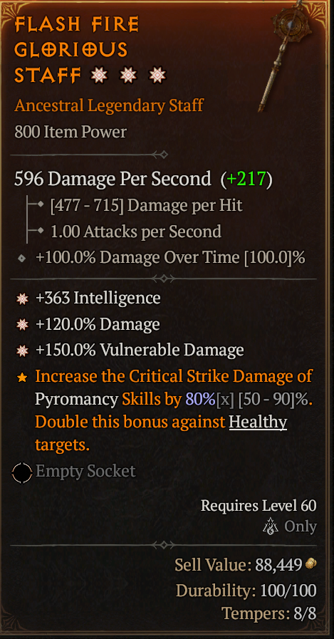 MMOJUGG Diablo 4 FLASH FIRE GLORIOUS STAFF#1165856 Details View of Item Function and Use