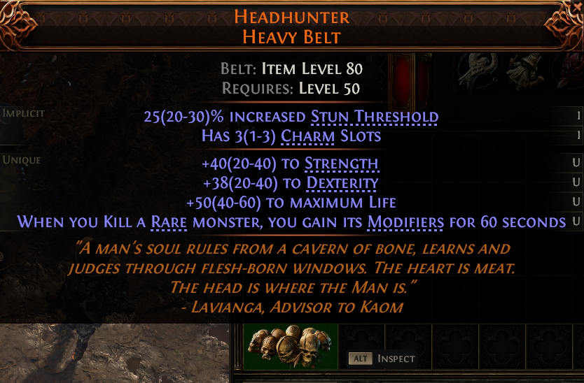 MMOJUGG Path of Exile 2 HEADHUNTER HEAVY BELT#1166110 Details View of Item Function and Use