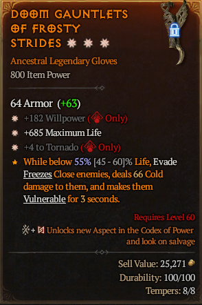 MMOJUGG Diablo 4 DOM GAUNTLETS OF FROSTY STRIDES#1166757 Details View of Item Function and Use