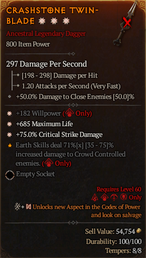 MMOJUGG Diablo 4 CRASHSTONE TWIN- BLADE#1166758 Details View of Item Function and Use