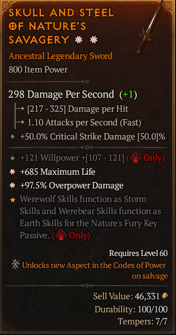 MMOJUGG Diablo 4 SKULL AND STEEL OF NATURE'S SAVAGERY#1166864 Details View of Item Function and Use