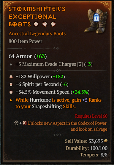 MMOJUGG Diablo 4 STORMSHIFTER'S EXCEPTIONAL BOOTS#1166964 Details View of Item Function and Use
