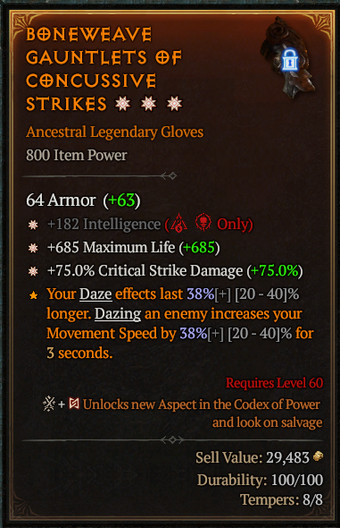 MMOJUGG Diablo 4 BONEWEAVE GAUNTLETS OF CONCUSSIVE STRIKES#1166971 Details View of Item Function and Use