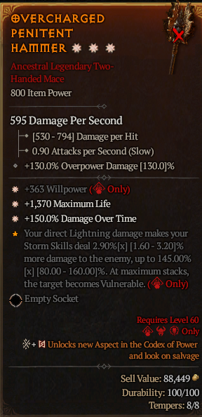 MMOJUGG Diablo 4 OVERCHARGED PENITENT HAMMER#1166986 Details View of Item Function and Use