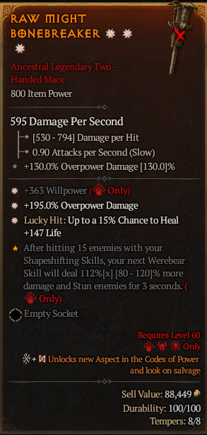 MMOJUGG Diablo 4 RAW MIGHT BONEBREAKER#1166993 Details View of Item Function and Use