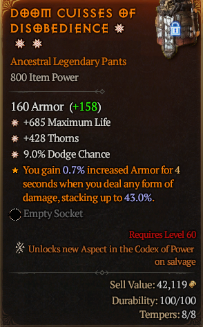 MMOJUGG Diablo 4 DOOM CUISSES OF DISOBEDIENCE#1167526 Details View of Item Function and Use