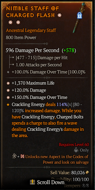 MMOJUGG Diablo 4 NIMBLE STAFF OF CHARGED FLASH#1168071 Details View of Item Function and Use
