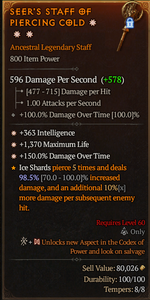 MMOJUGG Diablo 4 SEER'S STAFF OF PIERCING COLD#1168072 Details View of Item Function and Use