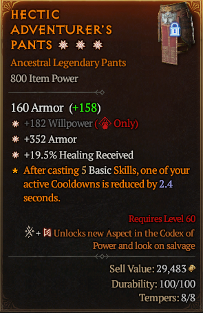 MMOJUGG Diablo 4 HECTIC ADVENTURER'S PANTS#1168255 Details View of Item Function and Use