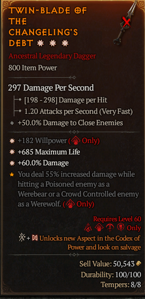 MMOJUGG Diablo 4 TWIN-BLADE OF THE CHANGELING'S DEBT#1168256 Details View of Item Function and Use