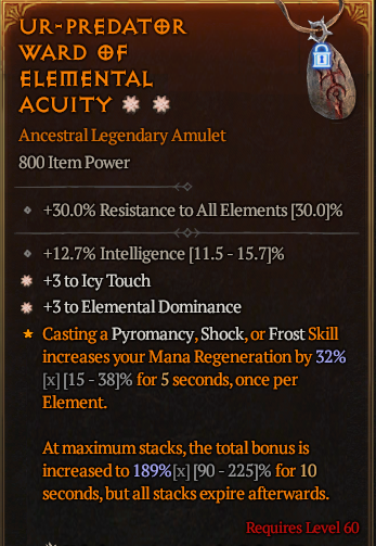 MMOJUGG Diablo 4 UR-PREDATOR WARD OF ELEMENTAL ACUITY#1169279 Details View of Item Function and Use