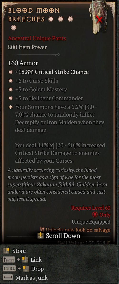 MMOJUGG Diablo 4 BLOOD MOON BREECHES#1169438 Details View of Item Function and Use