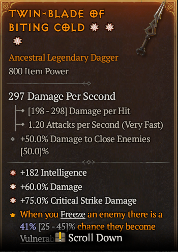 MMOJUGG Diablo 4 TWIN-BLADE OF BITING COLD#1170075 Details View of Item Function and Use