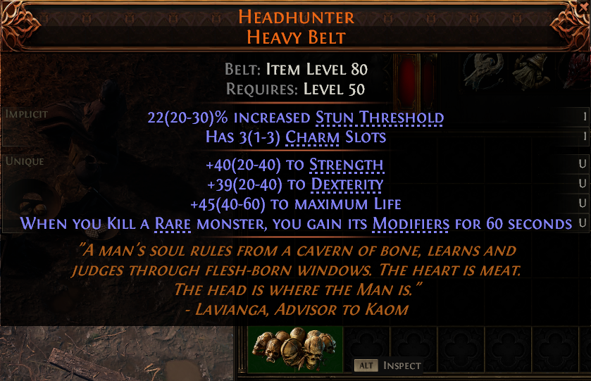 MMOJUGG Path of Exile 2 HEADHUNTER HEAVY BELT#1170682 Details View of Item Function and Use
