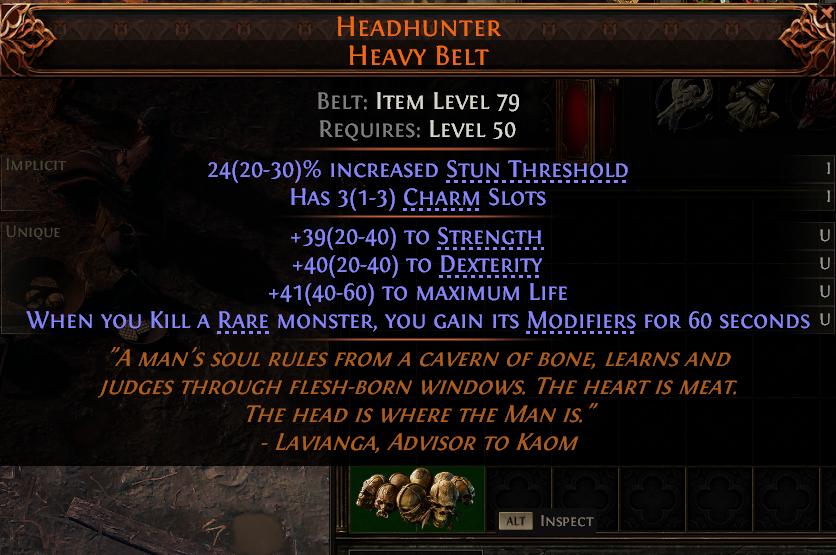 MMOJUGG Path of Exile 2 HEADHUNTER HEAVY BELT#1170687 Details View of Item Function and Use
