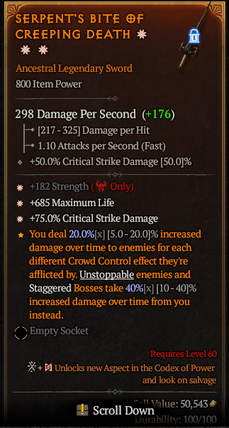 MMOJUGG Diablo 4 SERPENT'S BITE OF CREEPING DEATH#1170722 Details View of Item Function and Use