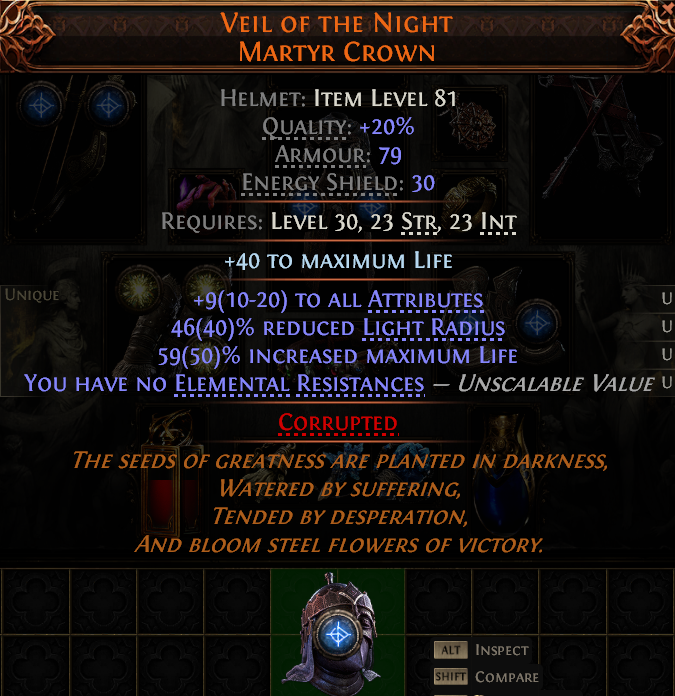MMOJUGG Path of Exile 2 VEIL OF THE NIGHT MARTYR CROWN#1171337 Details View of Item Function and Use